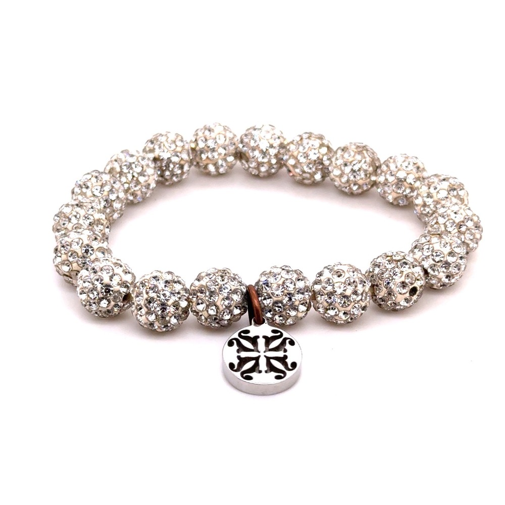 Rustic Cuff Silver Tone Rhinestone Disco Ball Stretch Bracelet with Logo Charm